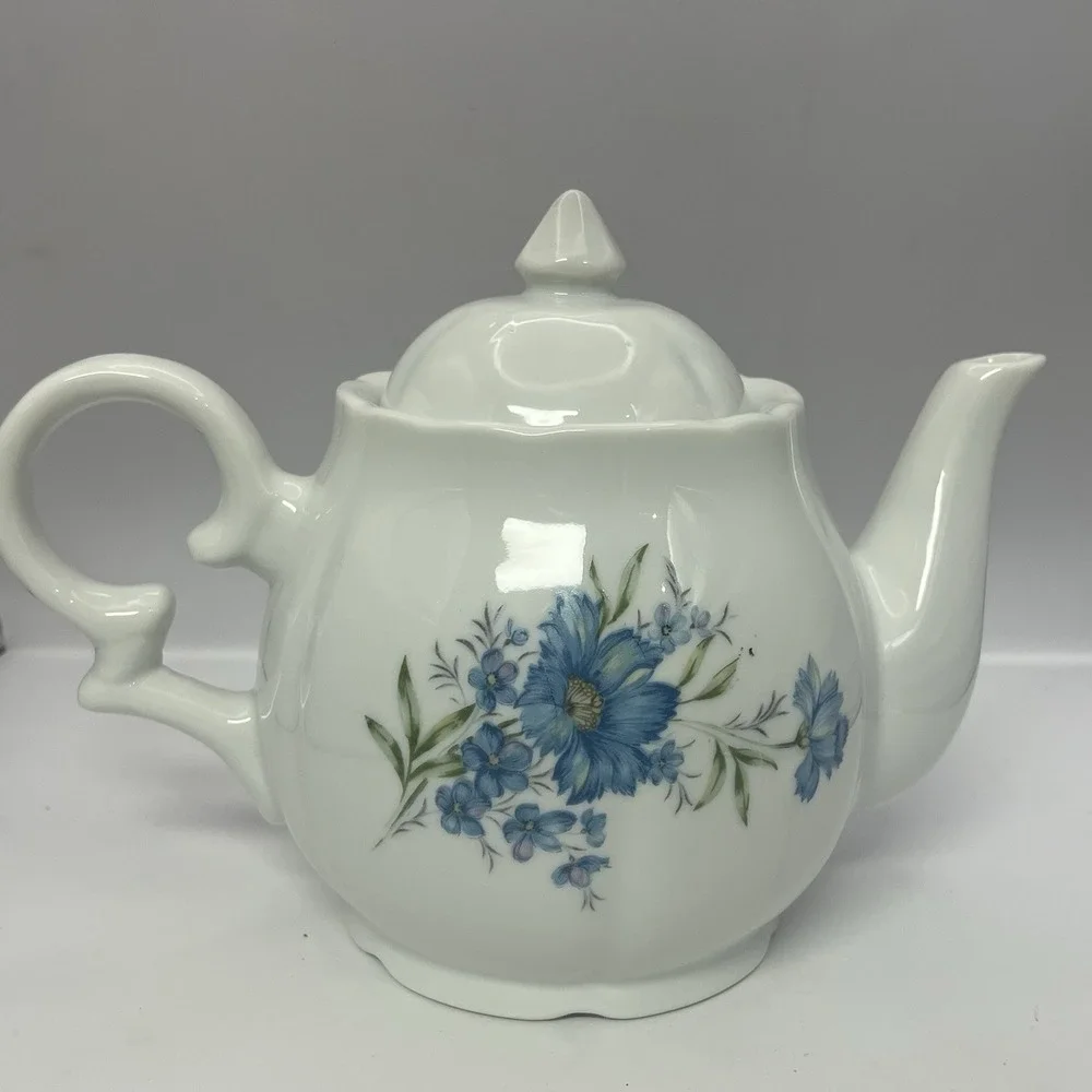 Vintage White Ceramic Teapot Blue Floral Cornflower Design Scalloped Rim